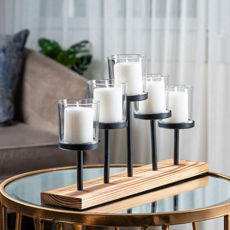 Le'raze Elegant Decorative Votive Candle Holder Centerpiece, 5 Glass Cups on Wood Base-Tray