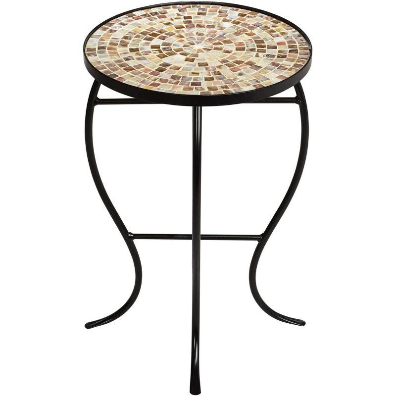 Teal Island Designs Modern Black Round Outdoor Accent Side Tables 14" Wide Set of 2 Natural Mosaic Tabletop for Front Porch Patio Home House