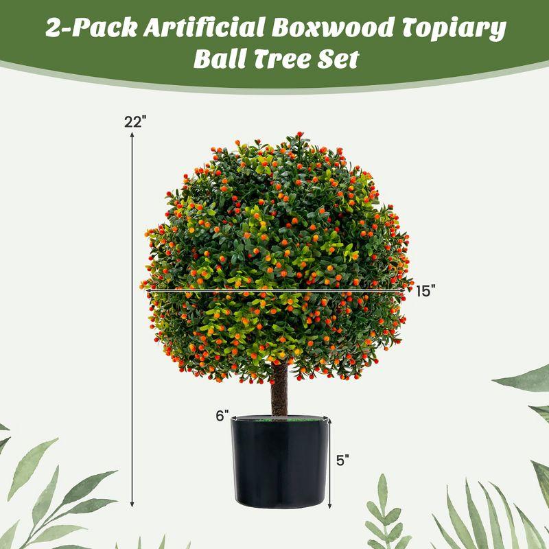 Costway 22'' Artificial Boxwood Topiary Ball Tree 2-Pack Faux Potted Plant w/Orange Fruit