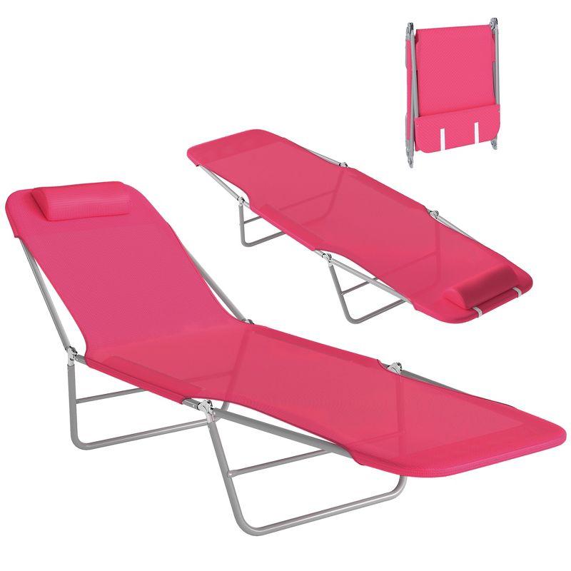 Outsunny Foldable Outdoor Chaise Lounge Chair, 5-Level Reclining Camping Tanning Chair with Breathable Mesh Fabric and Headrest, Pink