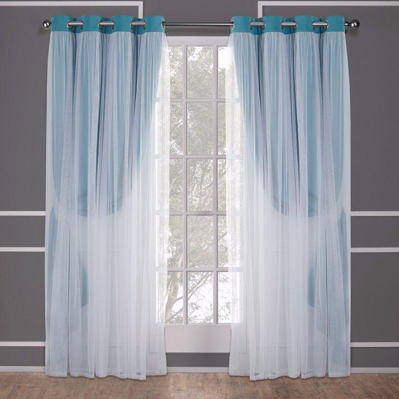 Set of 2 (63"x52") Caterina Layered Solid Blackout with Sheer Top Curtain Panels Blue Blue - Exclusive Home