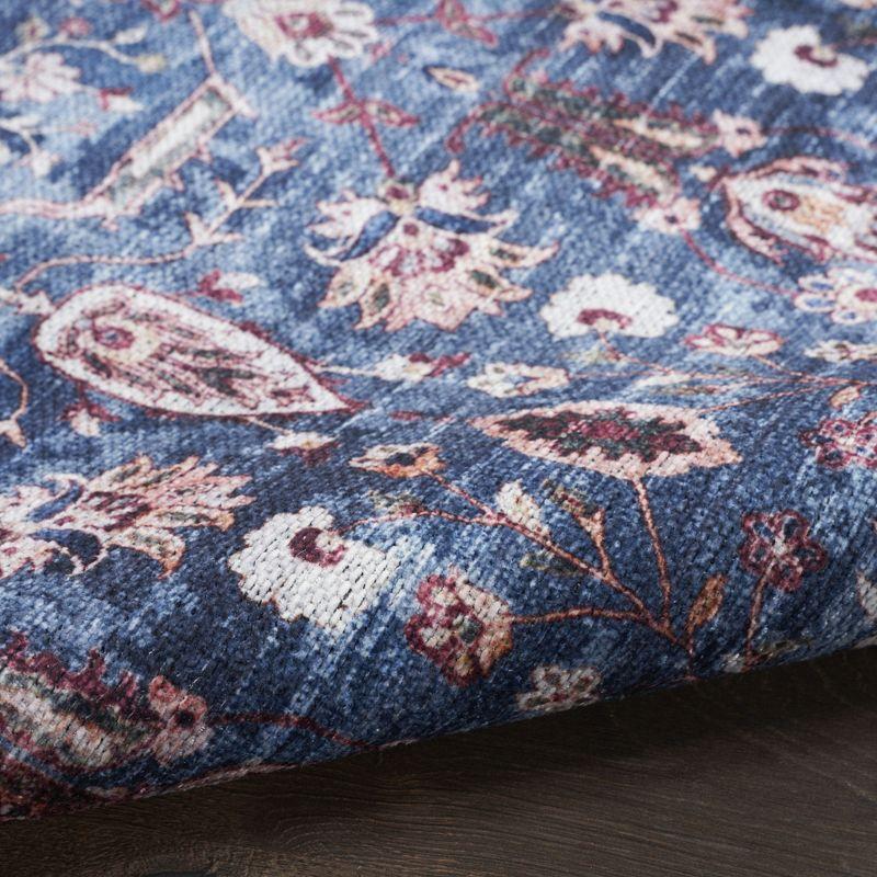 Blue and Brick Floral 5' x 7' Washable Synthetic Rug