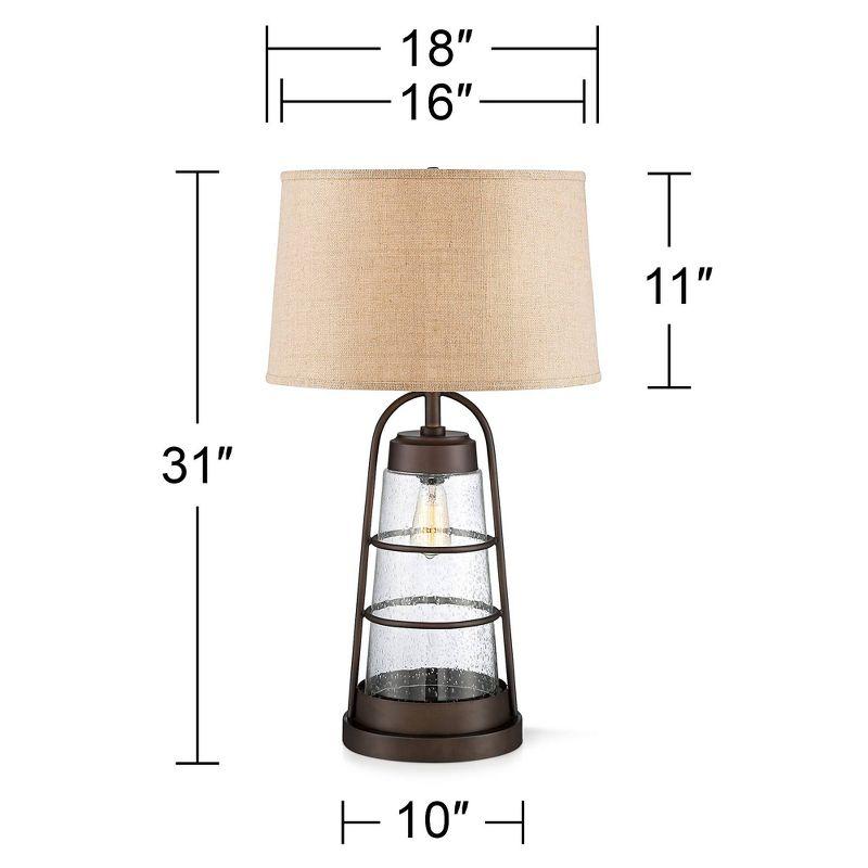 Franklin Iron Works Rustic Farmhouse Table Lamp 31" Tall with Nightlight Bronze Clear Seeded Glass Burlap Shade for Bedroom Living Room House Bedside