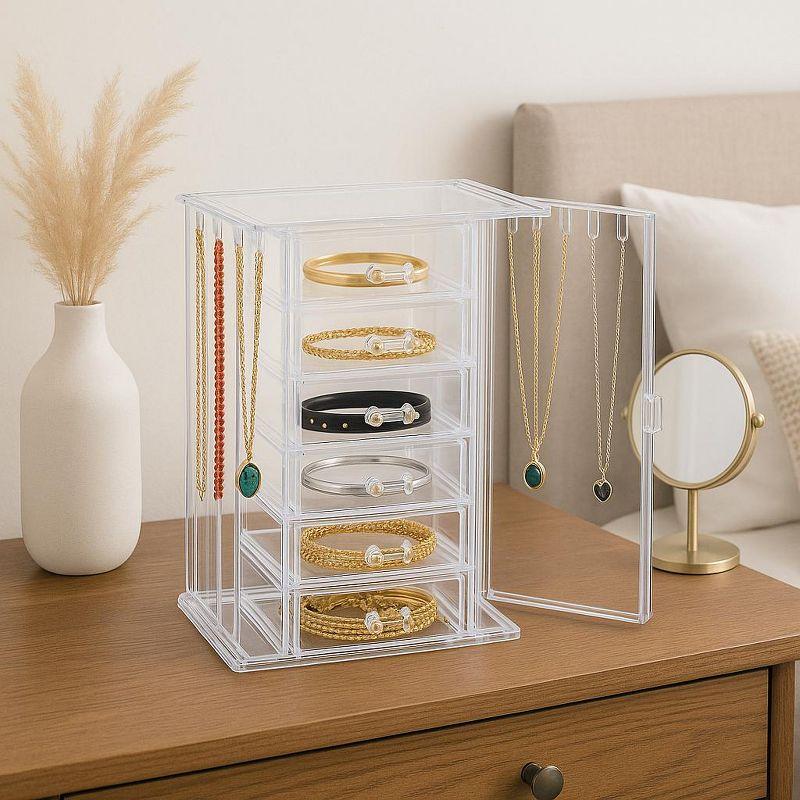 OnDisplay Clear Acrylic Jewelry Organizer Box with 6 Drawers and Side Hooks – Makeup, Necklace, and Accessory Storage for Dresser or Vanity