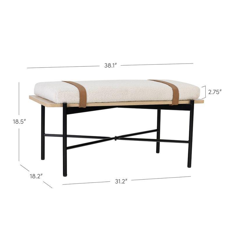 Nathan James Thatcher Boucle Wood and Metal Removable Cushion Bench: Curved Edge, Vegan Leather Straps, Zipper Design, Easy Clean