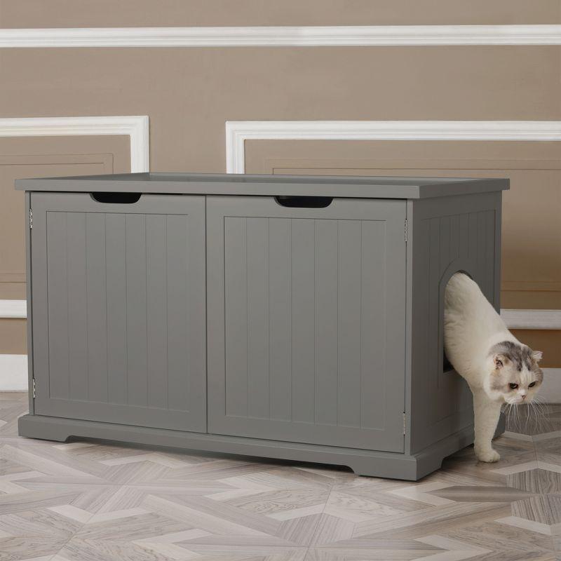 Gray Wooden Cat Washroom Bench with Removable Partition