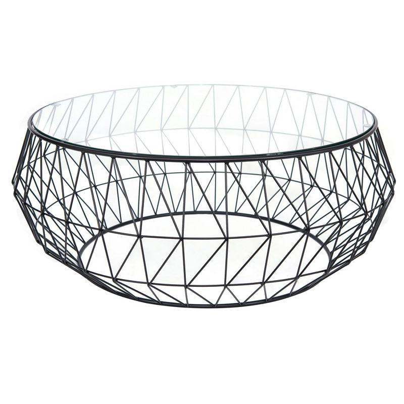 LeisureMod Malibu Modern Round Glass Top Coffee Table With Metal Base