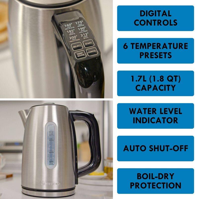 Kenmore 1.7 Qt. Electric Tea Kettle with 6 Temperature Pre-Sets, Cordless