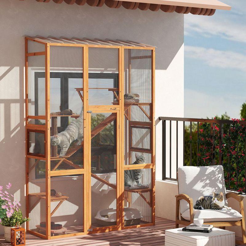 PawHut Outdoor Catio Cat Enclosure, Large Wooden Cat House with 6 Jumping Platforms, Scratching Post, 2 Ramps, Waterproof Roof, for 2-3 Kittens