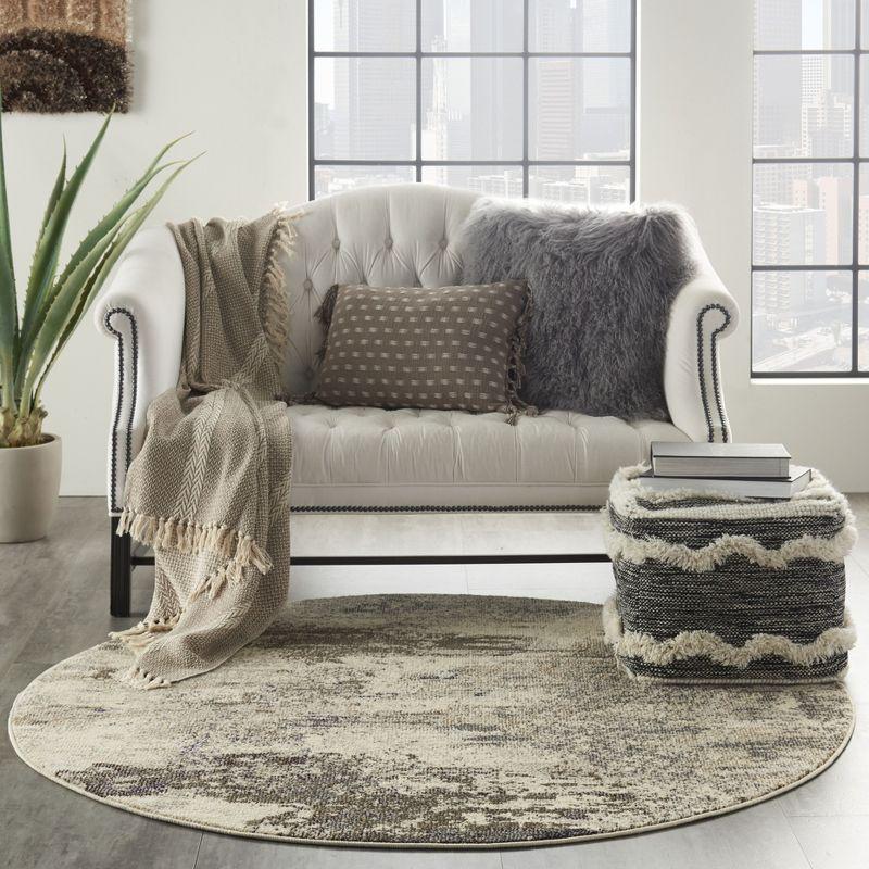 Ivory and Grey Abstract Round Hand-knotted Area Rug