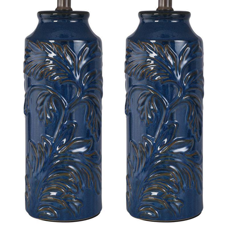 Set of 2 Cloverfield Ceramic Table Lamps Navy Blue - StyleCraft: Botanical Pattern, White Linen Shade