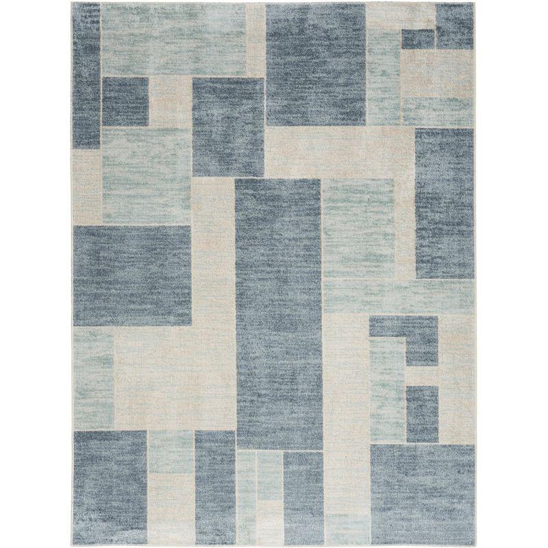 Blue Ivory Geometric 5' x 7' Machine Washable Area Rug