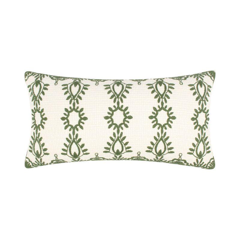 Green and Cream Embroidered Feather Fill Rectangular Pillow