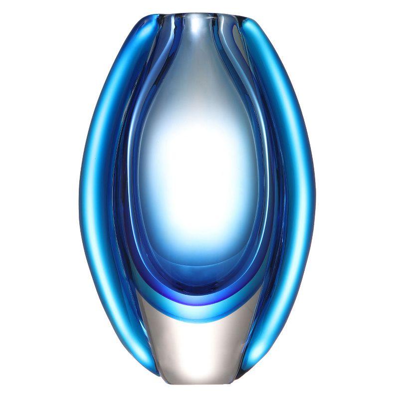 Luxury Lane Hand Blown Sommerso Oval Art Glass Vase Blue 10"H