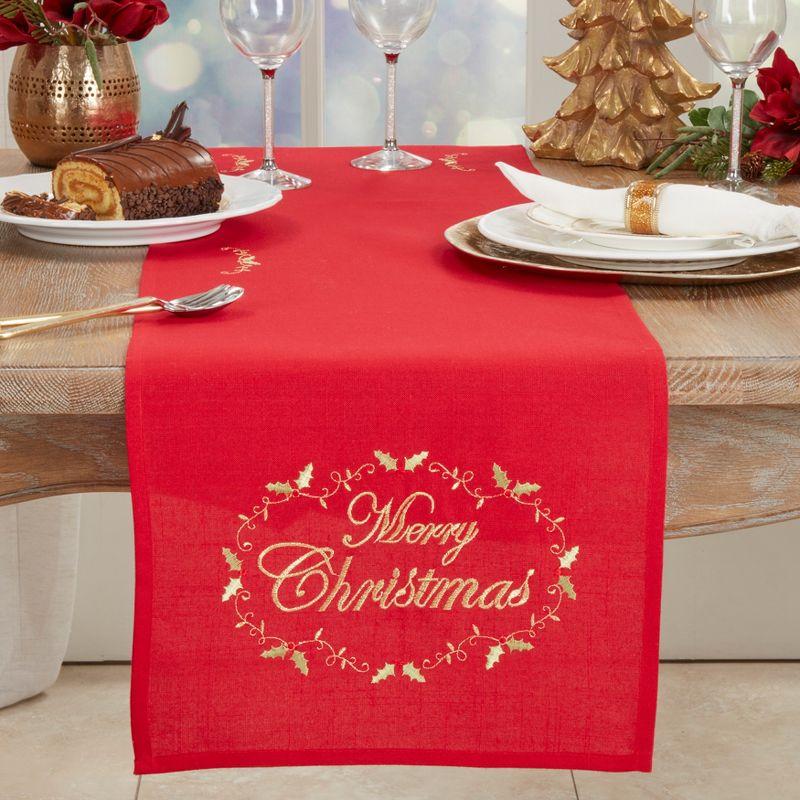 Saro Lifestyle Merry Christmas Embroidered Design Table Runner, 14"x90", Red