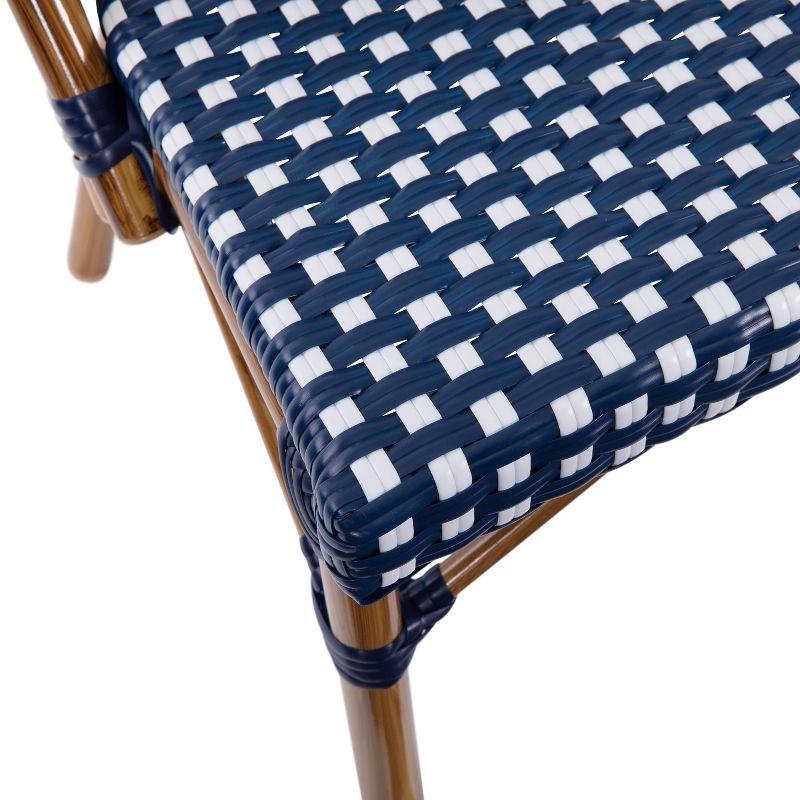 Emma & Oliver Soie Set of Two Stacking Bistro Chairs with Navy and White PE Seat and Back and Bamboo Finished Aluminum Frame for Indoor/Outdoor Use