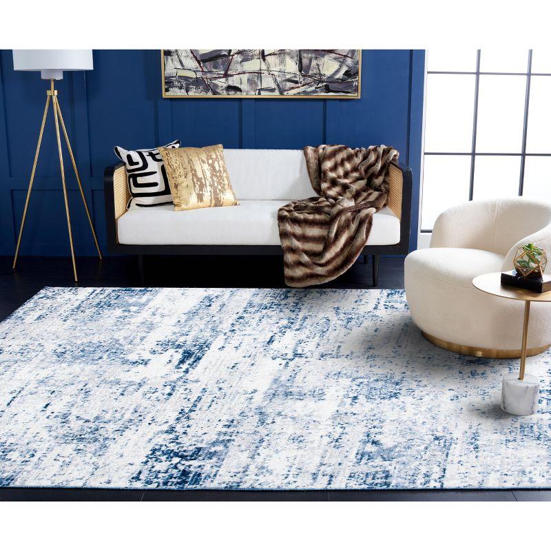 Ivory and Navy Abstract Reversible Square Synthetic Rug