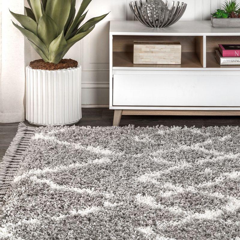 3'x5' Mercer Shag Plush Tassel Moroccan Geometric Trellis Area Rug, Grey/Cream - JONATHAN Y