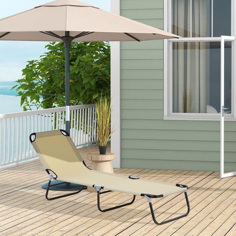 Outsunny Foldable Outdoor Chaise Lounge Chair, 5-Level Reclining Camping Tanning Chair with Strong Oxford Fabric for Beach, Yard, Patio, Pool, Beige