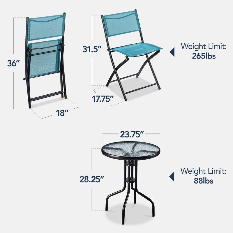 George Oliver 3-Piece Patio Bistro Dining Furniture Set W/ Glass Tabletop, Folding Chairs
