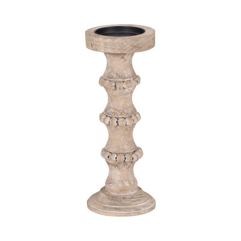 Sagebrook Home Wood Pillar Candle Holder with Decorative Beads, Antique Finish Candlestick for Home or Wedding Decor, Ivory/Beige, 5 L x 5 W x 13 H