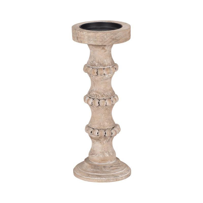 Ivory Distressed Wood Pillar Candle Holder with Beads