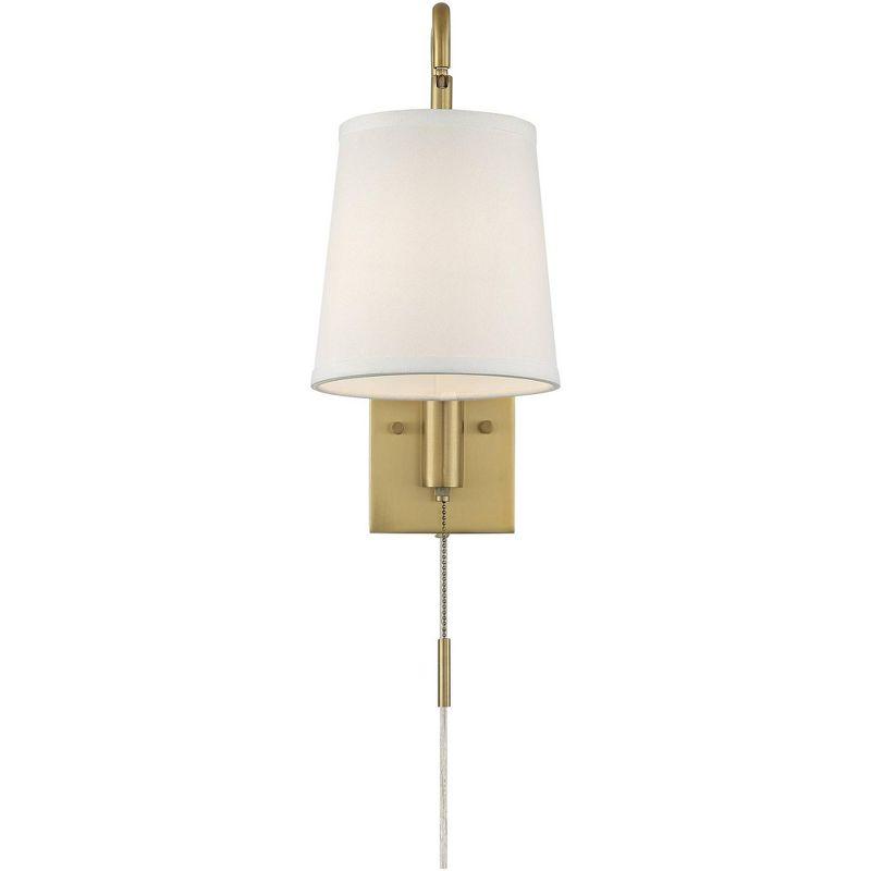 360 Lighting Luca Modern Swing Arm Wall Lamp Warm Brass Metal Plug-in Light Fixture Up Down White Fabric Shade for Bedroom Bedside Living Room Reading