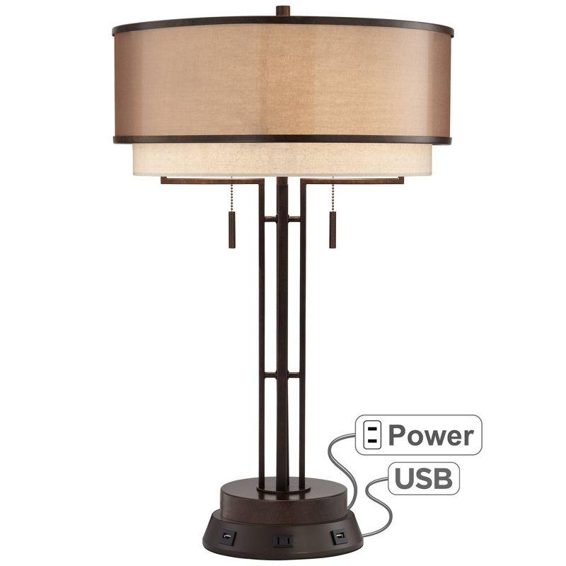 Franklin Iron Works Industrial Table Lamp with USB and AC Power Outlet Workstation Charging Base 26" High Bronze Double Shade Living Room