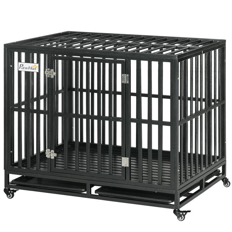 PawHut 41" Heavy Duty Dog Crate Metal Kennel and Cage Dog Playpen with Lockable Wheels, Slide-out Tray and Anti-Pinching Floor