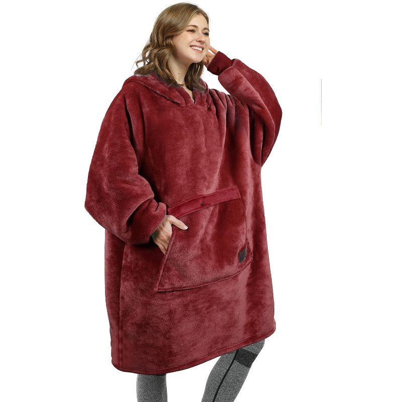 Womens Oversized Flannel Blanket Hoodie Sweatshirt, Plush Fleece Lined Lounging Pullover, Christmas Gift for Women (Dark Red) - Catalonia
