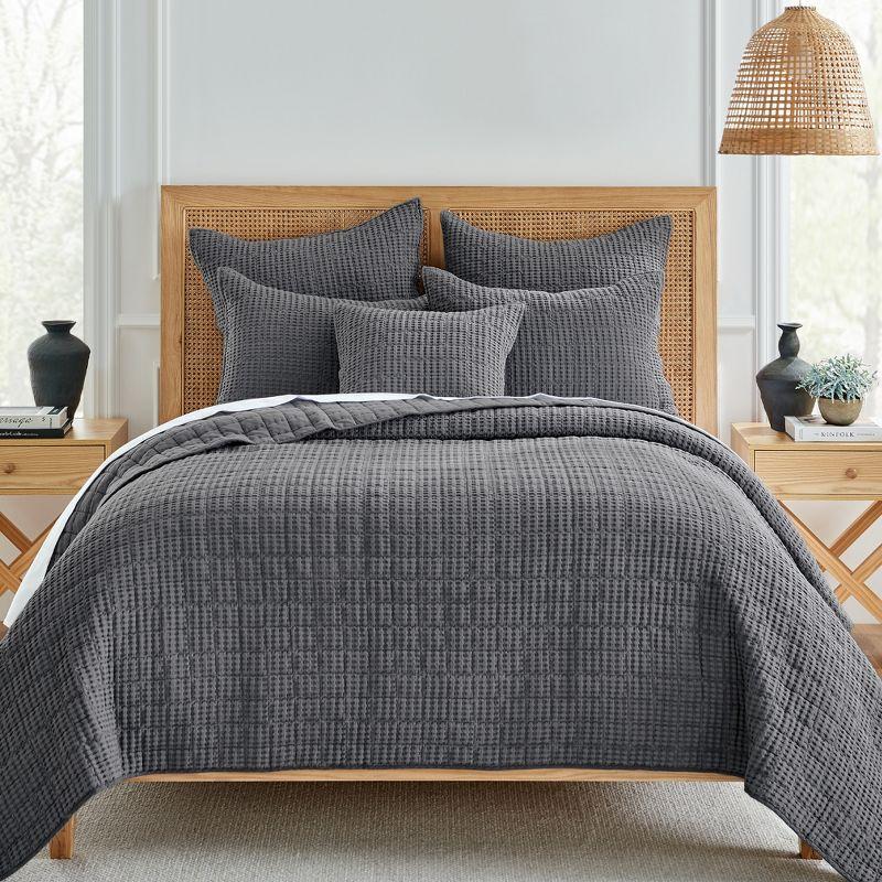 Mills Waffle Charcoal Quilt Set - One King Quilt and Two King Shams - Levtex Home