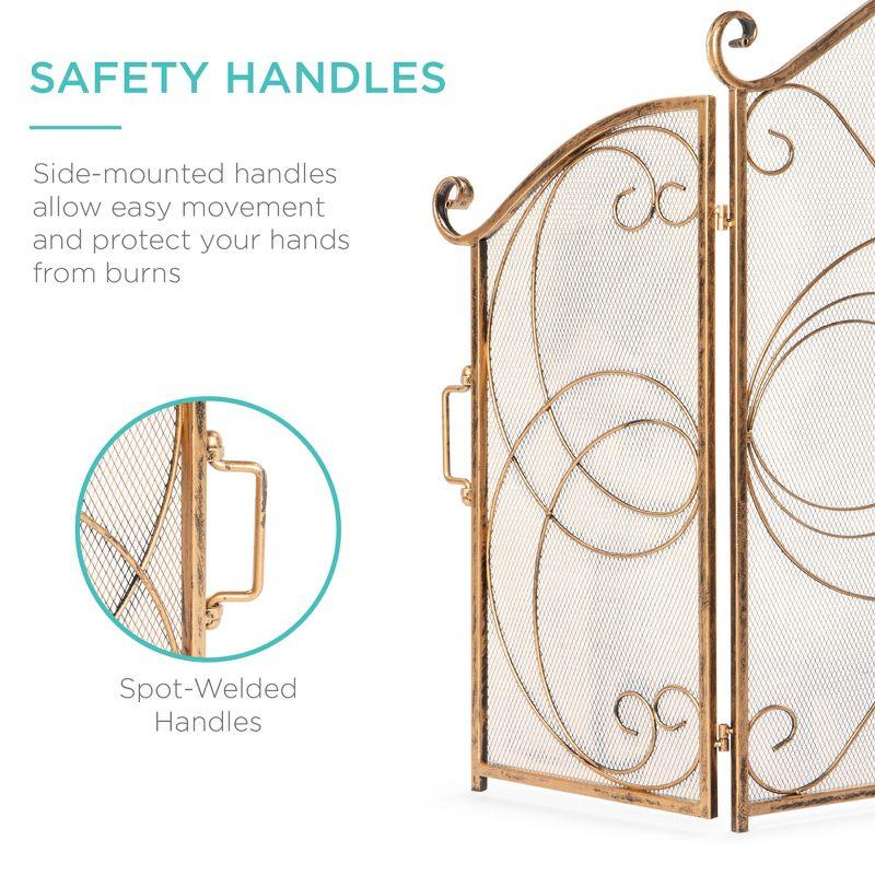 Winston Porter Lissowski 3-Panel 55"x33" Wrought Iron Fireplace Safety Screen Decorative Scroll Spark Guard Cover