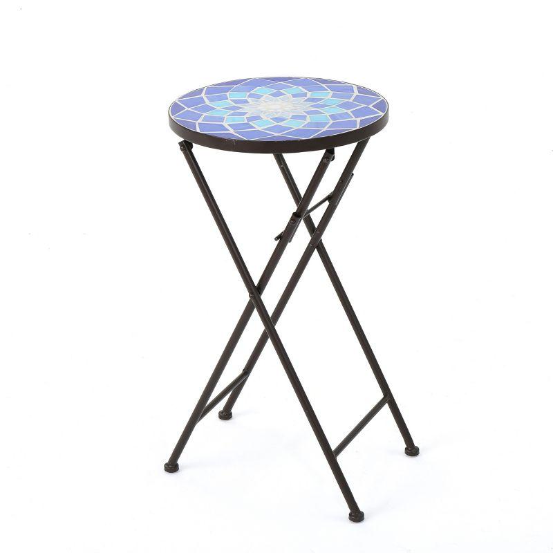 Fleur De Lis Living Folding Blue and White Top Side Table with Iron Frame, Multifunctional Plant or Beverage Stand