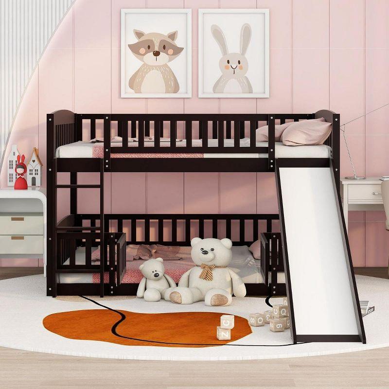 Streamdale Bunk Bed With Slide, Full Over Full Low Bunk Bed With Fence And Ladder For Toddler Kids Teens, Espresso