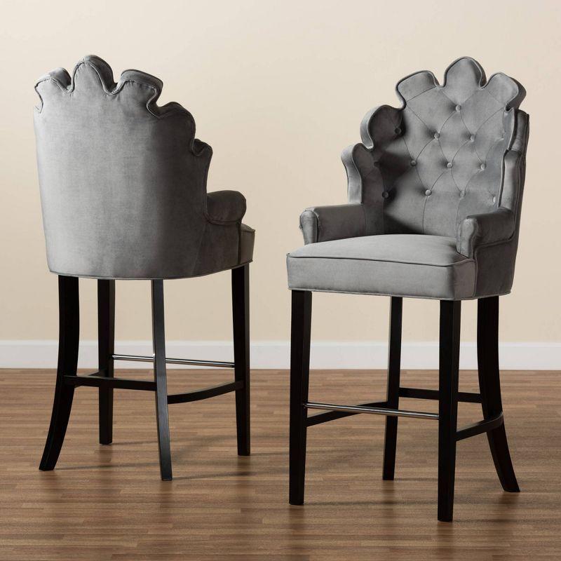 2pc Chloe Velvet Upholstered and Wood Barstool Set Dark Gray - Baxton Studio