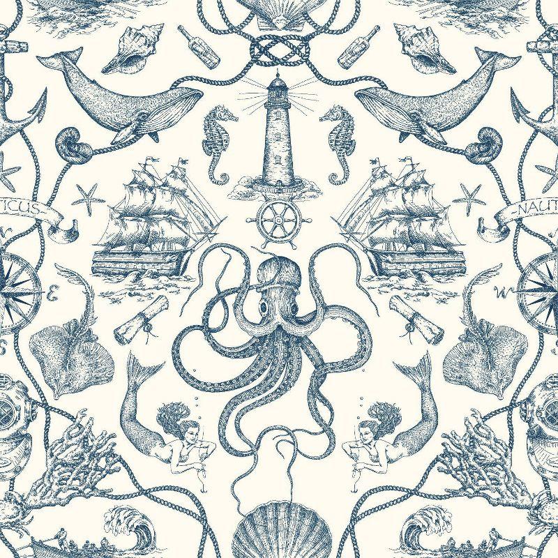 RoomMates Deep Sea Toile Blue Peel and Stick Wallpaper: Nautical Vinyl, Mermaid & Seahorses, Self-Adhesive, 28.18 Sq Ft Coverage