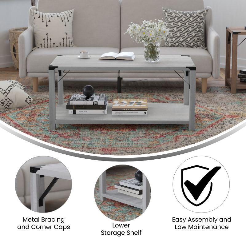 Flash Furniture Wyatt Modern Farmhouse Wooden 2 Tier Coffee Table with Black Metal Corner Accents and Cross Bracing, Aspen Gray