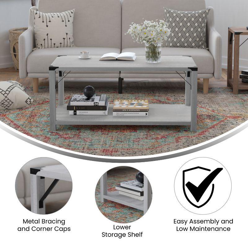 Flash Furniture Wyatt Modern Farmhouse Wooden 2 Tier Coffee Table with Metal Corner Accents and Cross Bracing