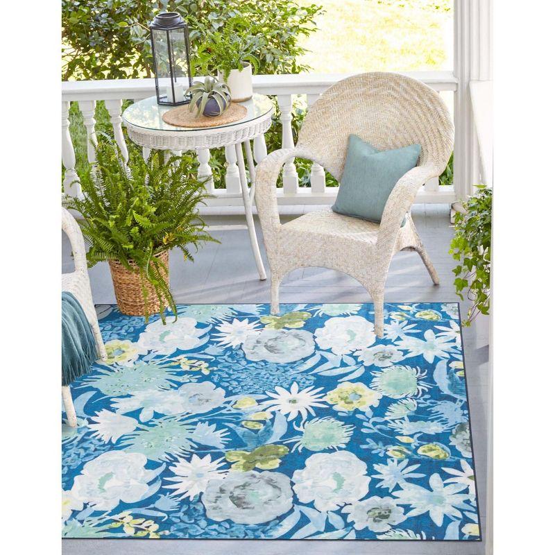 Navy Blue Floral Square Outdoor Synthetic Rug