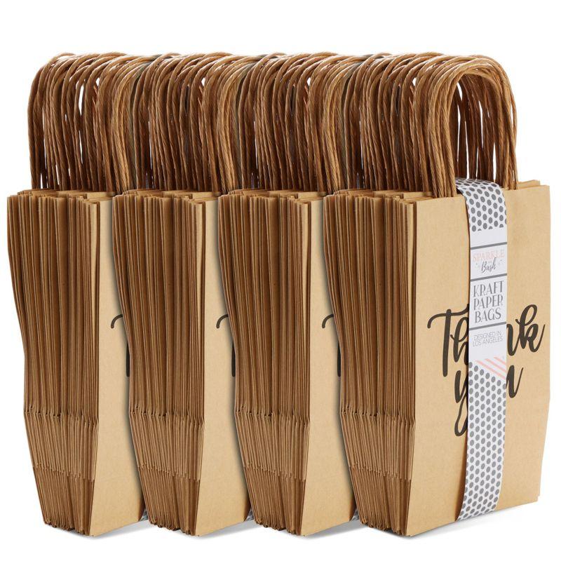 Sparkle and Bash 100-Pack Small Thank You Gift Bags with Handles, Brown Kraft Paper Material Bag Bulk for Wedding Birthday Favor, 9x5.3x3.15 in