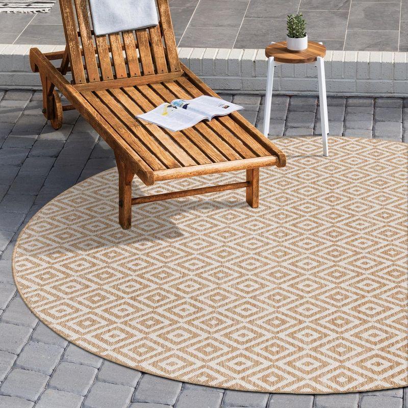 Beige Geometric Round Stain-Resistant Outdoor Rug