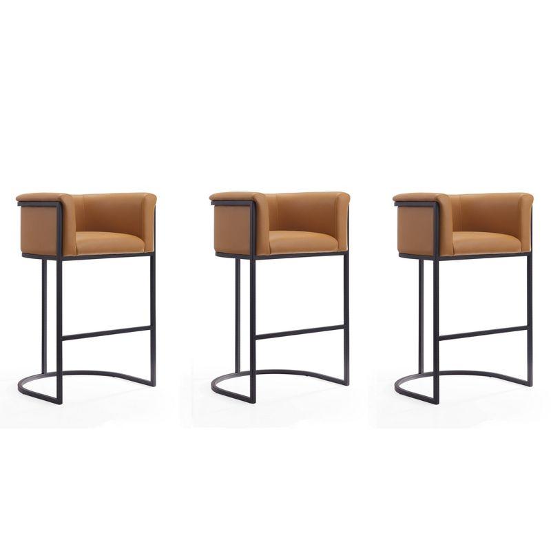 Modernist Camel & Black Metal Barstools - Set of 3