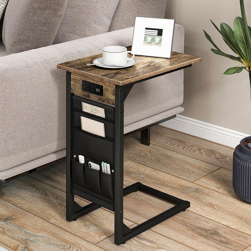 Tangkula 2PCS C Shaped End Table Sofa Side Table with Charging Station & Side Storage Bag