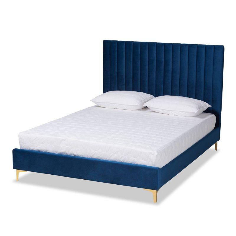 Luxurious Navy Blue Velvet Full/Double Platform Bed with Gold Metal Legs