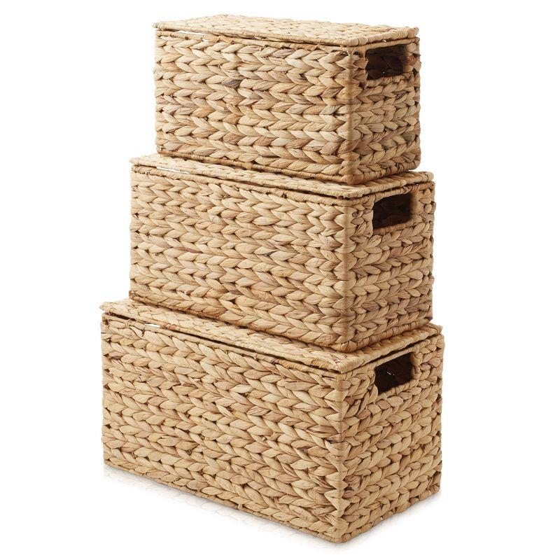 Casafield Set of 3 Water Hyacinth Storage Baskets with Lids - Small, Medium, Large - Decorative Bins for Bathroom, Closets, Laundry, Shelves