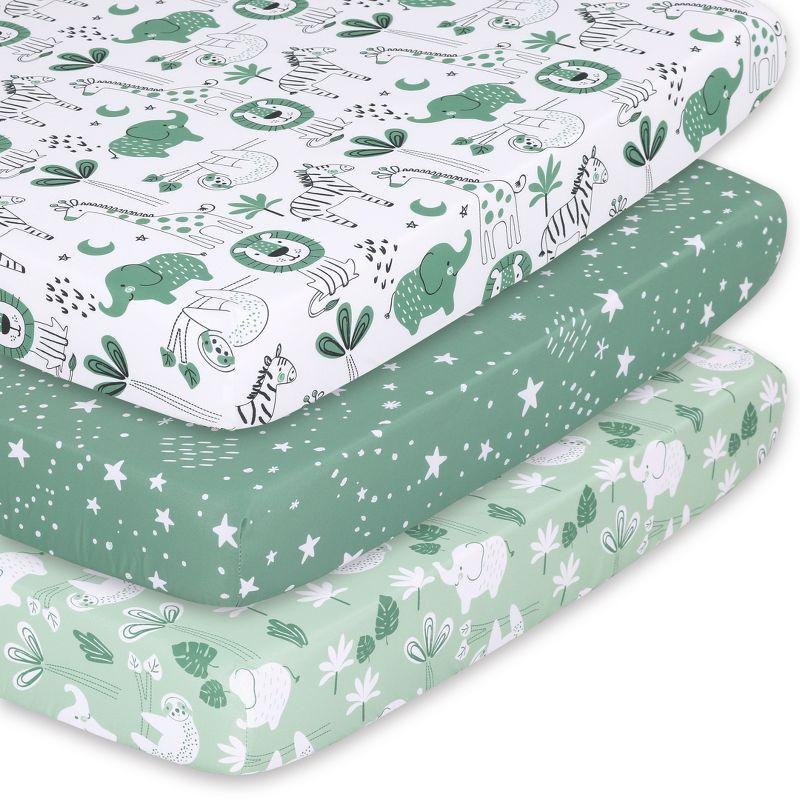 The Peanutshell Mini Crib Sheet Set - 3 Pack - Multiuse for Pack & Play, Playard, Playpen, Mini Crib - Green Safari Animals