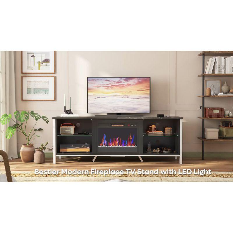 Bestier 70" Modern TV Stand with Electric Fireplace and LED Lights, Gaming Entertainment Center with Cabinet and Large Storage in Living Room,Walnut