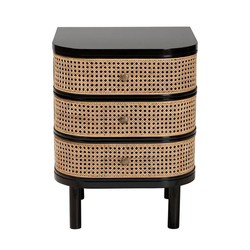 bali & pari Nabila Modern Bohemian Black Bayur Wood and Natural Rattan 3-Drawer End Table Nightstand