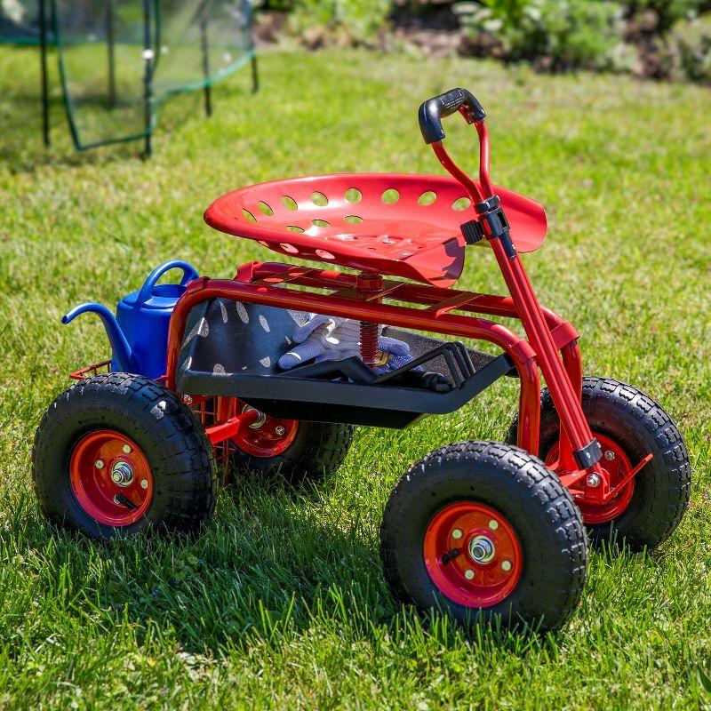 Sunnydaze Outdoor Heavy-Duty Steel Rolling Gardening Cart with Extendable Steer Handle, Swivel Chair, Tool Tray, and Basket - Red