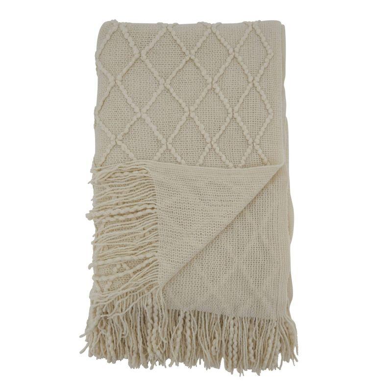 Ivory Cotton Knitted 50"x60" Reversible Throw with Fringed Edges